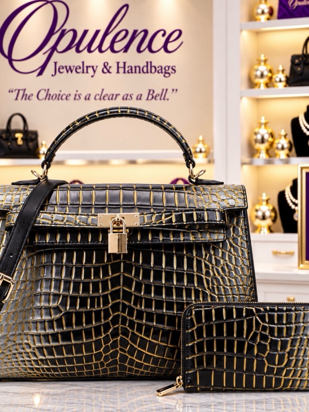 Black and Gold Croc-Embossed Satchel with Wallet